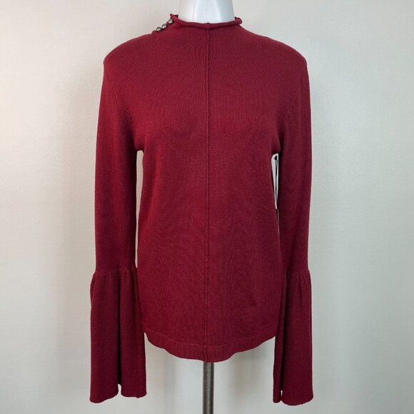 Knyt & Lynk Sweater Small Burgundy Bell Sleeve Mock Neck Cotton Blend Pullover - Picture 1 of 14